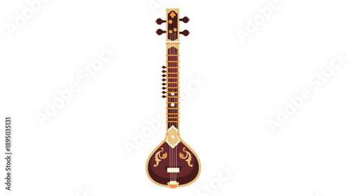 Traditional sitar instrument in detailed flat style on white background