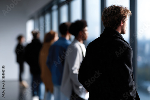 A lineup of silhouetted individuals gazing out a floor-to-ceiling window, symbolizing reflection, hope, and the connection between individuals and the outside world.
