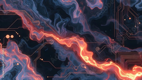 A dramatic fiery energy current flows dynamically through a dark digital landscape, intricately woven with glowing circuit board patterns.