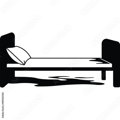 Simple Bed Icon: Minimalist Black and White Bed with Single Pillow for Design and Illustration