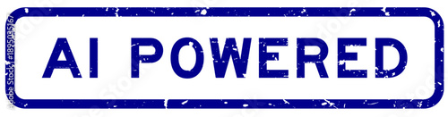 Grunge blue AI powered word square rubber seal stamp on white background