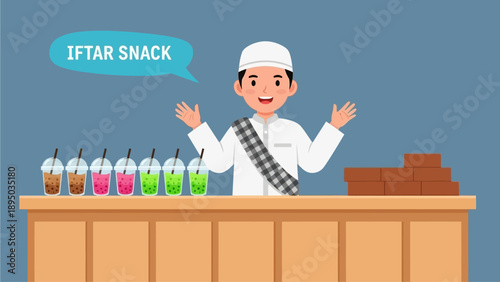 Vendor offering diverse iftar snacks and drinks at a traditional stall