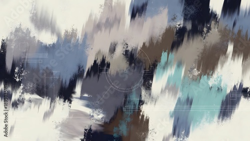 Muted, broad brushstrokes in cool blues, warm browns, and greys create an abstract painterly backdrop, subtly enhanced by digital lines.