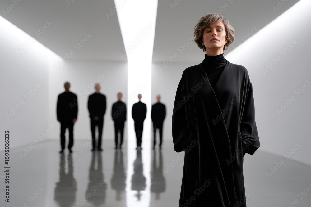 Obraz premium A woman in elegant black attire stands confidently in a minimalistic space with figures in the background, representing strength, individuality, and modern aesthetic.