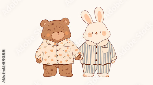 Hand-drawn bedtime nursery illustration, bear and bunny in pajamas