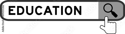 Search banner in word education with hand over magnifier icon on white background