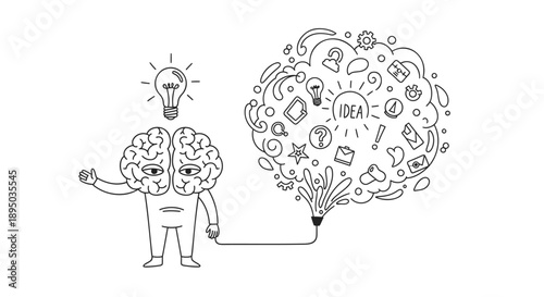 Cartoon character brainstorming with creative idea bubble and lightbulb