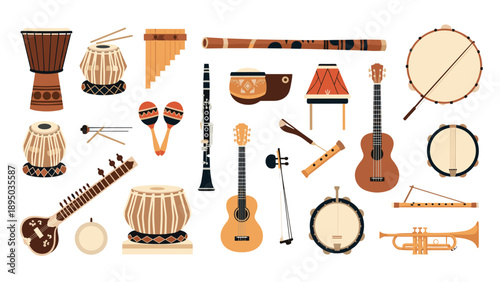 Collection of diverse musical instruments in flat design style