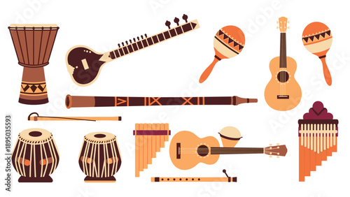 Diverse traditional musical instruments set