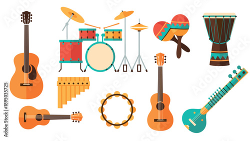 Colorful musical instrument collection: acoustic, percussion, and string instruments in flat design