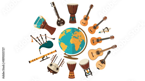 World collection of musical instruments surrounding globe