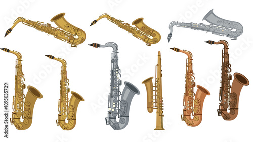 Diverse saxophone collection featuring brass, silver, and gold instruments in detailed design