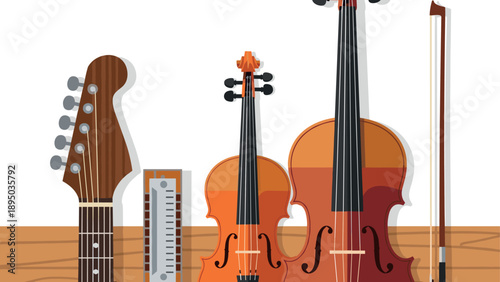 Musical instruments ensemble featuring guitar, violin, and double bass with harmonica in flat style