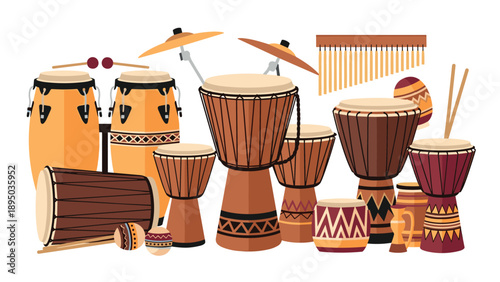 African percussion instruments set: djembe, bongos, conga, maracas in flat style
