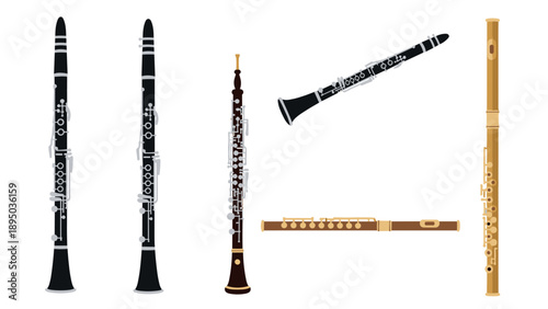 Woodwind instruments collection in detailed flat style