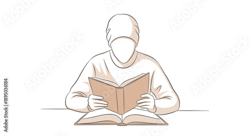 Person reading book in contemplative mood simple line drawing minimalistic illustration