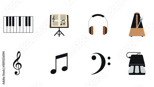 Musical instrument icons set featuring minimalist piano, notes, and accessories