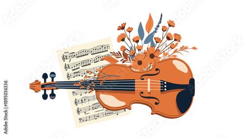 Elegant violin with floral art and sheet music in modern design