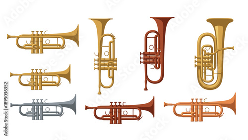 Diverse brass instruments collection featuring trumpet and cornet in varied colors