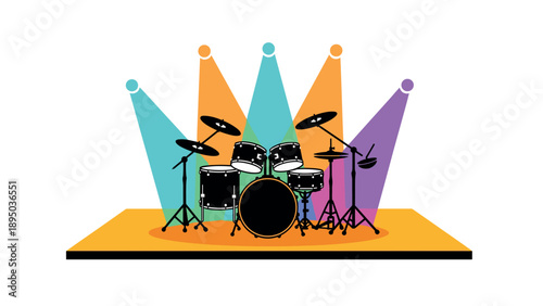 Colorful spotlight on drum kit on stage for a vibrant music performance