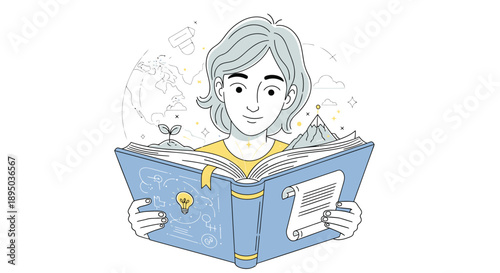 Woman reading book with dreamy thoughts and imagination