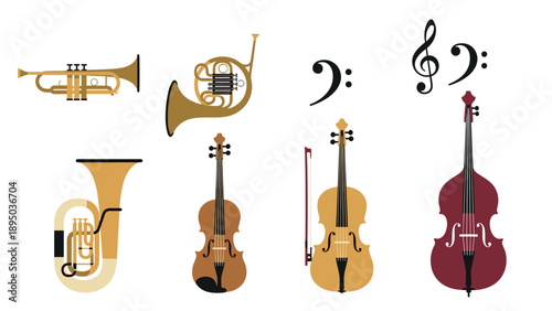 Minimalist orchestra: musical instruments and notes in a flat design