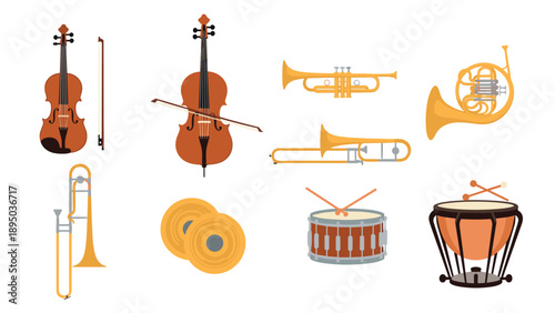 Classical music instruments collection featuring strings and brass in flat design