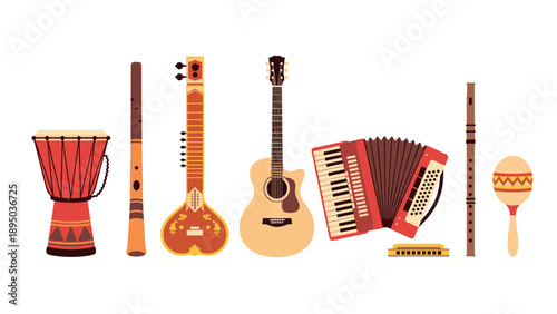 Diverse musical instruments on white background