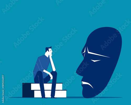 Mask. A suffering businessman huddles among masks