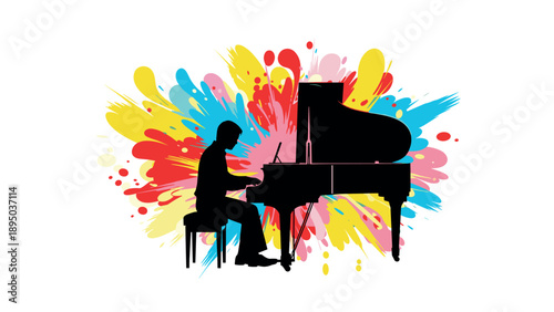Colorful explosion behind pianist silhouette creating a dynamic musical scene