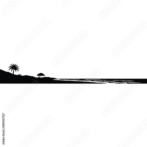 Tropical Beach Silhouette: Serene Palm Tree, Beach Umbrella, and Gentle Waves for Relaxation and Tranquility