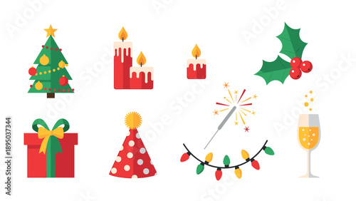 Festive christmas elements with tree, candles, and decorations in flat style
