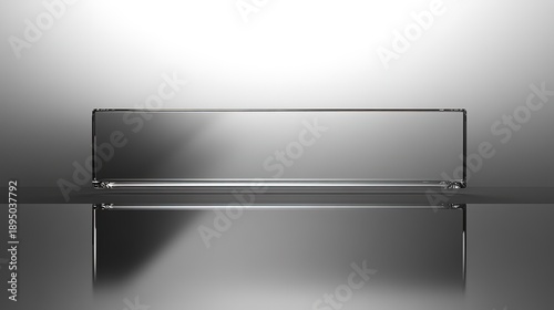 A sleek, transparent rectangular glass object is displayed on a reflective surface with a minimalist, modern background.