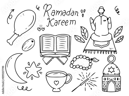 Celebrating Ramadan with traditional elements and symbols in a simple line art illustration