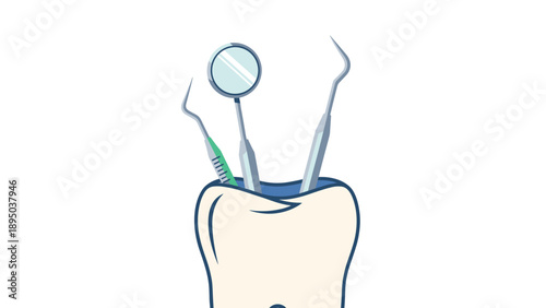 Dental care tools emerging from tooth: mirror, probe, and scaler illustration