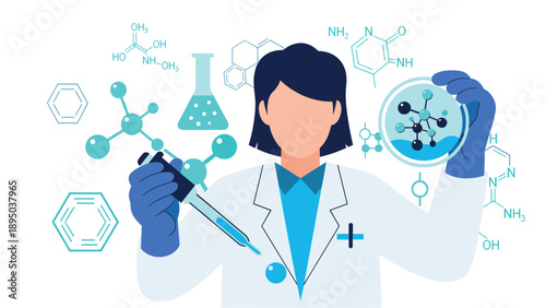 Flat design scientist with molecular structures and laboratory equipment