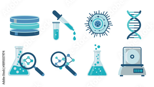 Science icons: lab equipment, dna, and microbiology tools in flat design