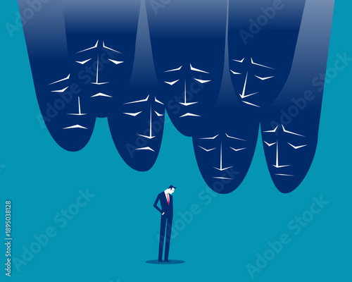 Mask. A suffering businessman huddles among masks