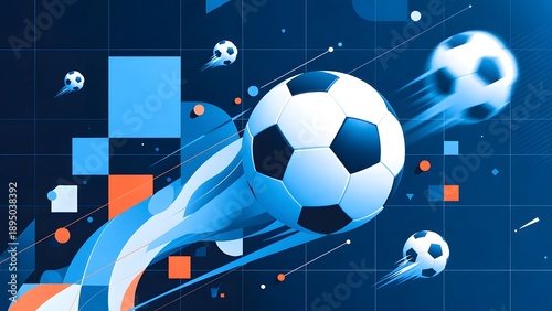 Multiple vibrant soccer balls fly energetically across an abstract blue background with dynamic orange and blue geometric shapes.