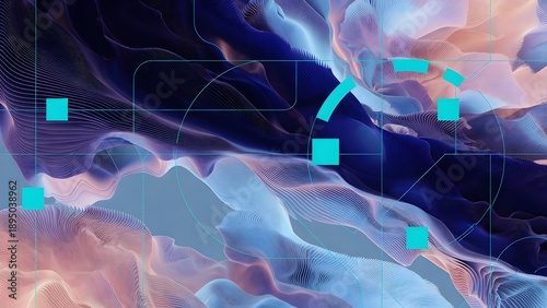 This intricate digital artwork displays organic wavy patterns in shades of blue and beige, intersected by crisp light blue geometric shapes and grid lines.
