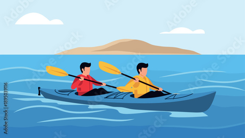 Two people kayaking on blue sea with island background in flat design