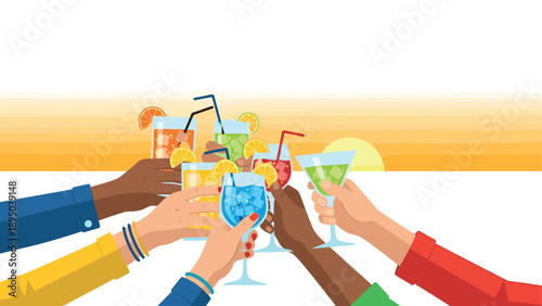 Celebratory toast with colorful cocktails at sunset