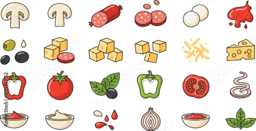 Food Ingredient Vector Icon Set with Vegetables, Cheese, Mushrooms, Sausage, Olives, Sauce, and Cooking Elements for Recipe and Menu Designs