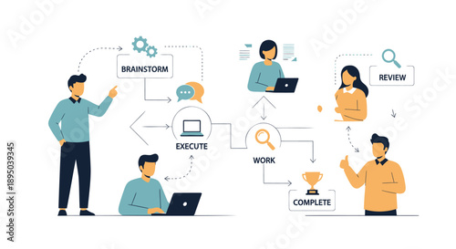 Vector workflow or business process illustration with people working on laptops and collaborating, for presentation or website