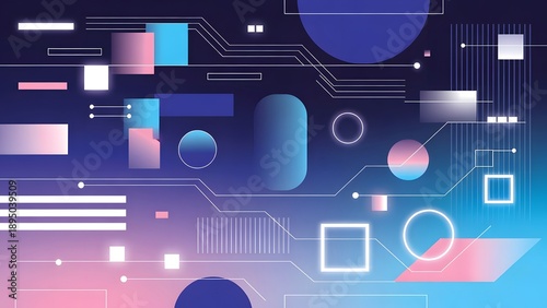 A dynamic abstract background features a playful arrangement of glowing geometric shapes and interconnected circuit lines in a vibrant blue, pink, and purple gradient.