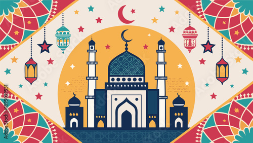 Majestic mosque with crescent moon and stars in night sky