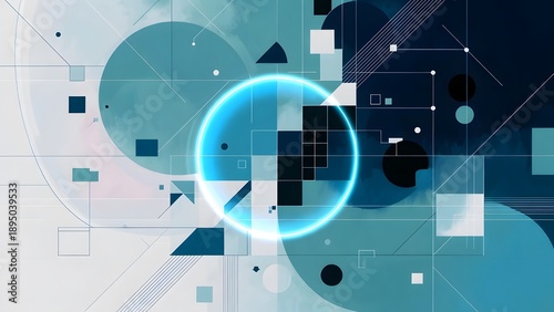 A striking blue and white abstract geometric composition features a luminous central blue ring, surrounded by various shapes and intricate grid lines.