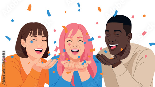 Diverse friends celebrating with laughter and confetti in colorful flat art