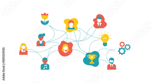 vector network connection icons with people, light bulb, and gear, for website or presentation, isolated on transparent background, png