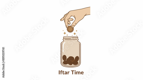 A hand pouring dates into a jar labeled Iftar Time, symbolizing the breaking of the fast during Ramadan